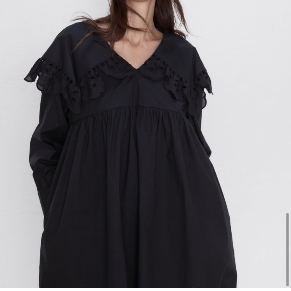 Zara Broderie Anglaise Collar Empire Waist Poplin Mini Dress Sz L